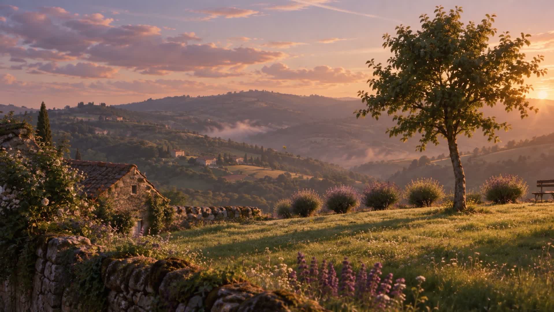 golden evening light across rolling hills, a stone cottage, and a solitary tree